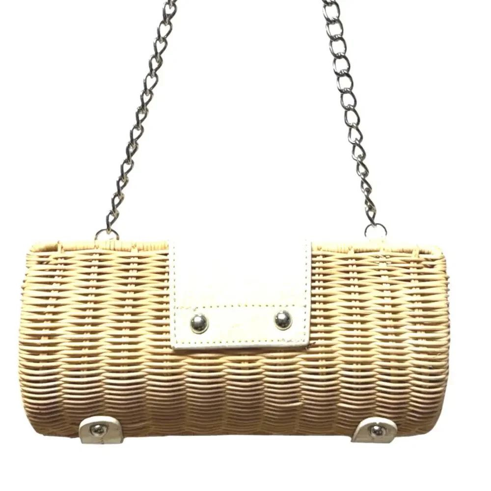 Wicker Rattan Box Clutch Purse Cream Faux Croc Trim Chain Strap Wedding Coastal